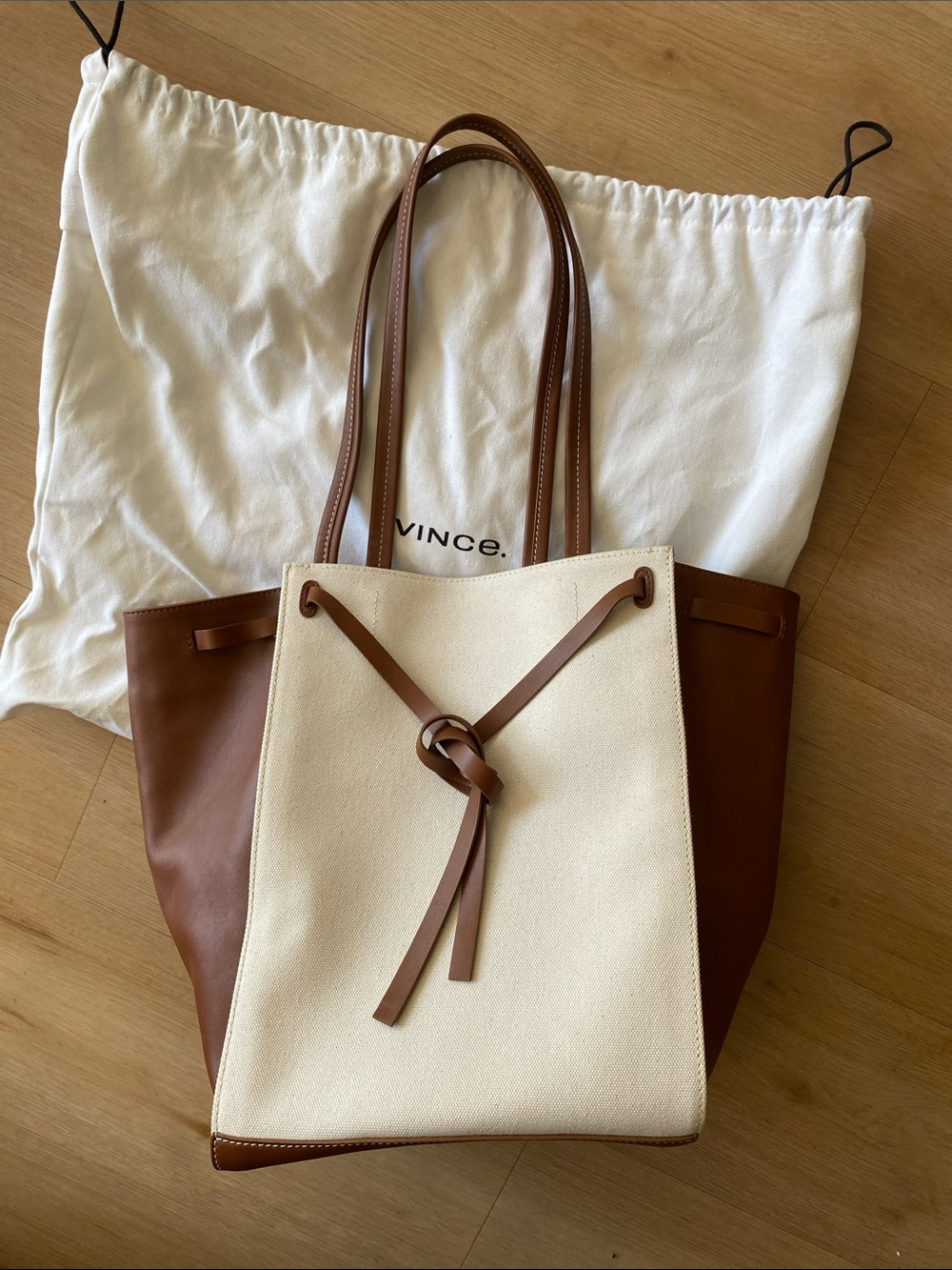 Vince Cream Canvas and Brown Leather Tote with Front Tie